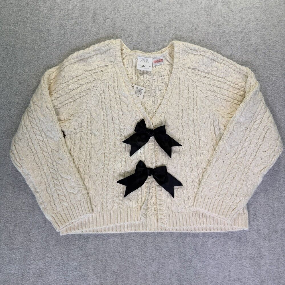 Zara Girls Cable Knit Bow Cardigan Sweater Cream Ivory NWT Size 6 100% Cotton